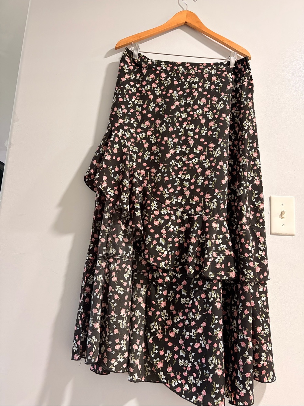 Black Floral Tiered A-Line Skirt with Pink Accents